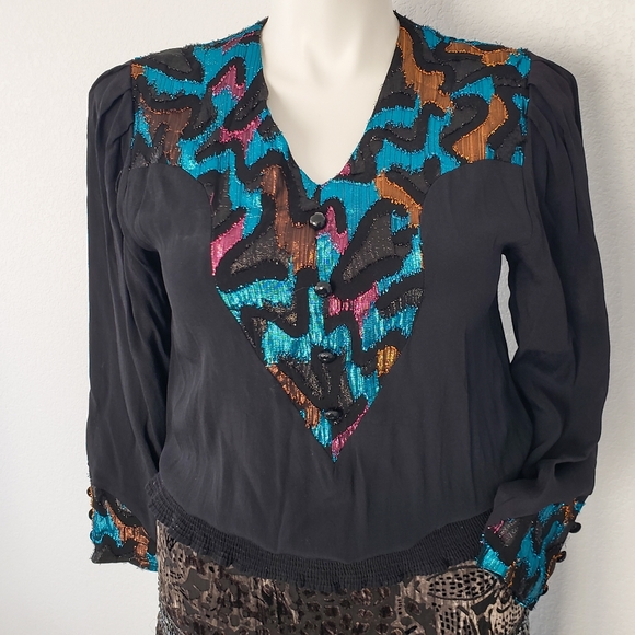 Vintage Tops - 1980s Metallic Animal Print High Waist Blouse